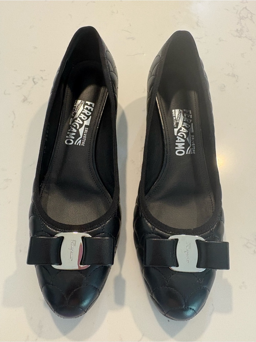 Salvatore Ferragamo Black Quilted Leather Vara Bow Flats